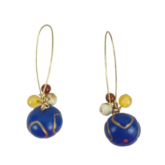 Handcrafted Boho Blue Wood Beaded Dangle Earrings - Picture 5 of 8